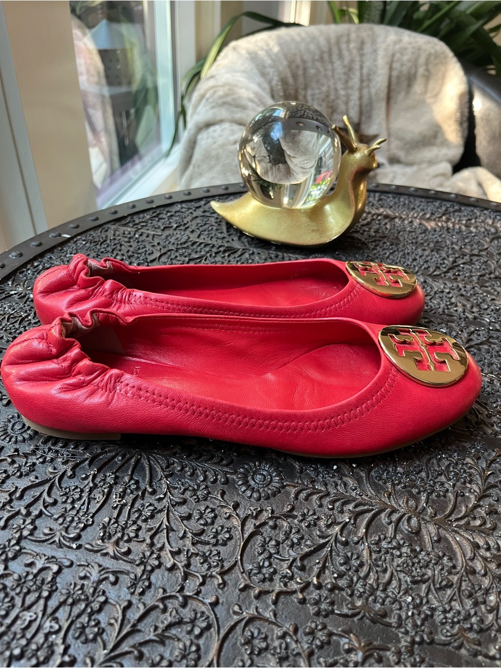 TORY BURCH BALLET FLATS IN RED AND GOLD 8